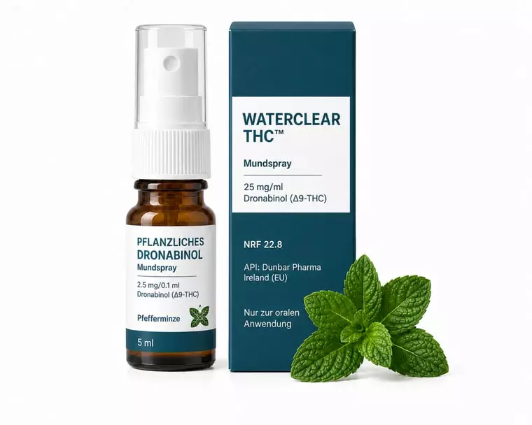 Dronabinol-Tropfen Pfefferminze 25 mg/ml – WaterClear THC™ Dronabinol Tropfen 25 mg/ml Pfefferminze – Produktbild des Anbieters Dr. Ansay