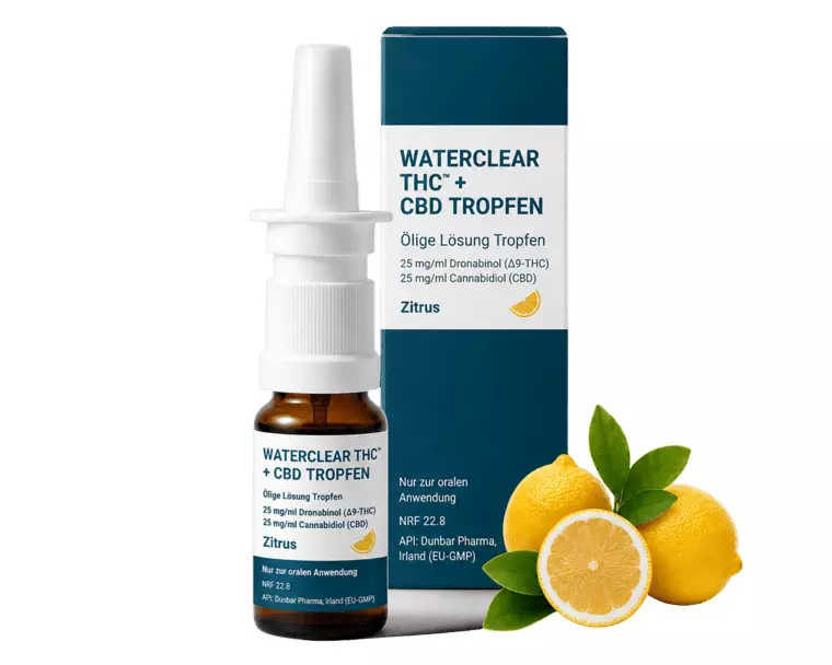 Dronabinol/Cannabidiol-Tropfen Zitrone 25/25 mg/ml – WaterClear THC™ Dronabinol + CBD Tropfen 25/25 mg/ml Zitrone – Produktbild des Anbieters Dr. Ansay