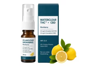 Dronabinol/Cannabidiol-Mundspray Zitrone 25/25 mg/ml – WaterClear THC™ Dronabinol + CBD Mundspray 25/25 mg/ml Zitrone – Produktbild des Anbieters Dr. Ansay