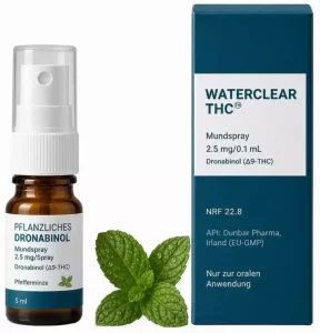 Dronabinol-Mundspray Pfefferminze 25 mg/ml – WaterClear THC™ Dronabinol Mundspray 25 mg/ml Pfefferminze – Produktbild des Anbieters Dr. Ansay