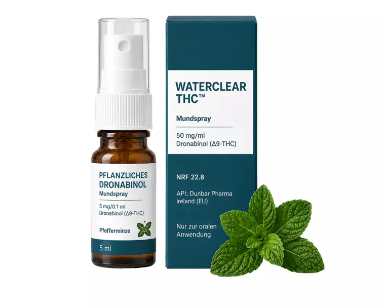 Dronabinol-Mundspray Pfefferminze 50 mg/ml – WaterClear THC™ Dronabinol Mundspray 50 mg/ml Pfefferminze – Produktbild des Anbieters Dr. Ansay